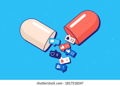 Social media addiction is like a drug - Pill spilling out social media notifications, likes and friend request. Addiction problem and nomophobia concept. Vector illustration.