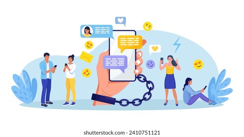 Social media addiction. People addicted to smartphones. Characters holding phones, surfing internet, chatting. Hand with handcuff chained with phone