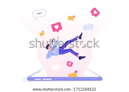 Social media addiction. Sad business man falling into screen of huge smartphone. Comment. Share. Follow. Speech Bubble. Chatting. Social media influence. Modern isolated vector illustration