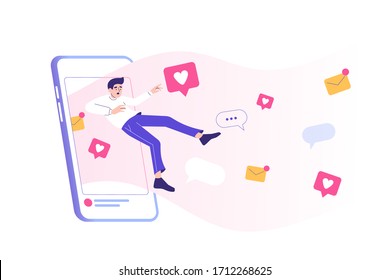 Social Media Addiction. Sad Man Is Absorbed By The Huge Smartphone Screen. Comment. Share. Follow. Speech Bubble. Chatting. Social Media Influence. Device. Modern Isolated Vector Illustration