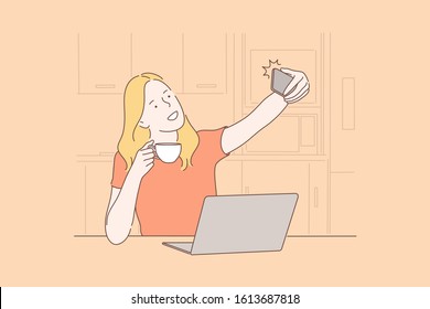 Social media, addiction, selfie, technology concept. Happy woman blogger is taking selfies to share them in social media. Young girl is addicted to social media and technologies. Simple flat vector