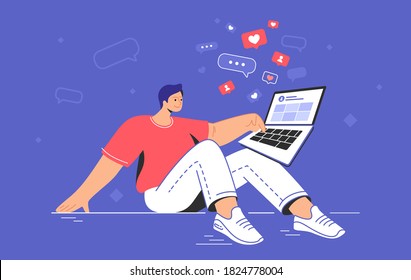 Social media addiction and time spending. Flat vector concept illustration of smiling man sitting on the floor with laptop and browsing networks for chatting and getting more likes and hearts bubbles