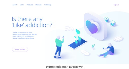 Social media addiction vector business illustration in isometric design. SMM concept background with male and female tapping like button on smartphone. Web banner layout template.