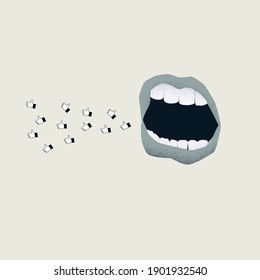 Social media addiction vector concept. Mouth spewing likes. Symbol of technology consuming lives. Eps10 illustration.