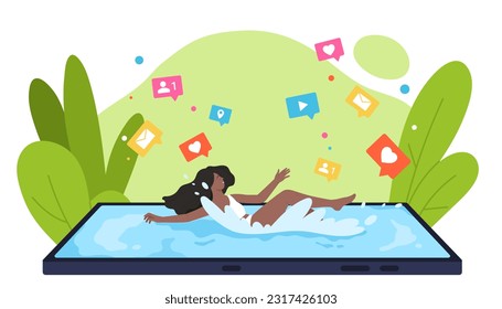 Social media addiction of woman swimming on mobile phone screen vector illustration. Cartoon happy girl floating in water on smartphone, icons for social media notifications and app news over head