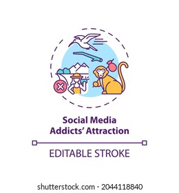 Social media addicts attraction concept icon. Green tourism challenges. Trying to get pictures of wildlife idea thin line illustration. Vector isolated outline RGB color drawing. Editable stroke