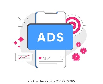 Social media ads designed for high engagement. Create effective social ad campaigns with targeted visuals, optimized for reach, clicks and conversions. Social media ads marketing vector illustration