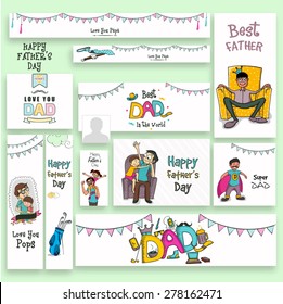 Social media ads, header or banner set with different elements for Happy Father's Day celebration.