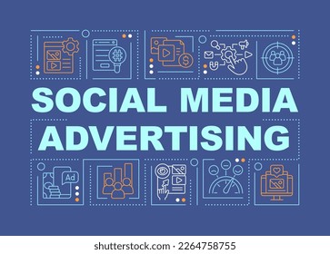 Social media advertisement word concepts dark blue banner. SMM strategy. Infographics with editable icons on color background. Isolated typography. Vector illustration with text. Arial-Black font used