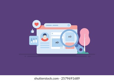 Social media advertising, Social media ad campaign reaching right audience, Social media audience engagement - vector illustration with icons