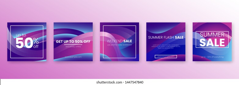 Social Media Advertising Banner Layouts Set With Gradient Wave Elements. Collection Of Bright Vector Background. Summer Sale  Square Pack.