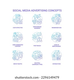 Social media advertising blue gradient concept icons set. SMM technology for business idea thin line color illustrations. Isolated symbols. Roboto-Medium, Myriad Pro-Bold fonts used