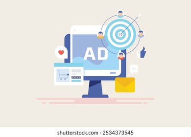 Campaña de publicidad en redes sociales, Orientación a una audiencia específica para anuncios en redes sociales, Concepto de publicidad digital, Participación de la audiencia más me gusta, comparte - Ilustración vectorial con íconos