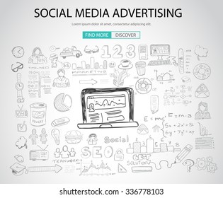 Social Media Advertising concept with Doodle design style: online solution, social media campain, creative ideas,Modern style illustration for web banners, brochure and flyers.