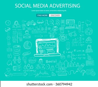 Social Media Advertising concept with Doodle design style: online solution, social media campain, creative ideas,Modern style illustration for web banners, brochure and flyers.