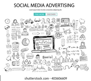 Social Media Advertising concept with Doodle design style: online solution, social media campain, creative ideas,Modern style illustration for web banners, brochure and flyers.