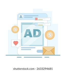 Social media advertising concept, Executing targeted marketing on social media, Social media campaigns generate leads and sales, Online promotion and marketing. Flat design illustration.