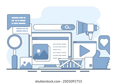 Social media Advertising concept, Social media marketing, Digital content marketing flat illustration, Social media marketing, Content strategy marketing, Use of social media. flat vector illustration