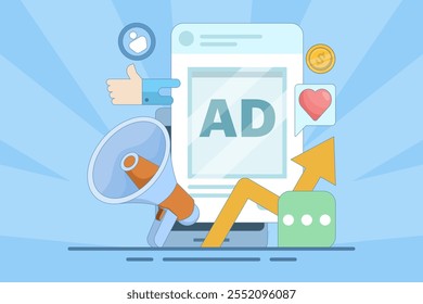 Social media advertising concept, Running social media ads to get more traffic, conversions and sales. online management or advertising. flat vector illustration on background with icons.