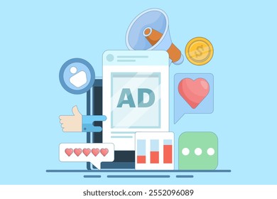 Social media advertising concept, Running social media ads to get more traffic, conversions and sales. online management or advertising. flat vector illustration on background with icons.