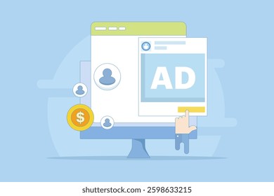 Social media advertising concept that generates revenue. Social media ad spend, Social media ads that send traffic. Paid ad campaigns. Advertising budget. Flat illustration in the background.