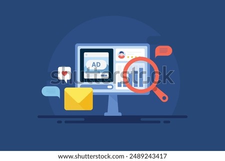 Social media advertising data analysis, Social media report, Digital advertising campaign, Customer ads on social media - vector illustration with icons
