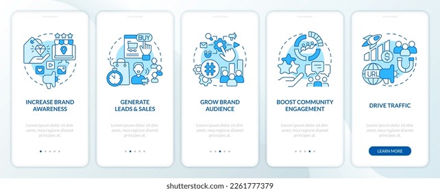 Social media advertising goals blue onboarding mobile app screen. SMM walkthrough 5 steps editable graphic instructions with linear concepts. UI, UX, GUI template. Myriad Pro-Bold, Regular fonts used