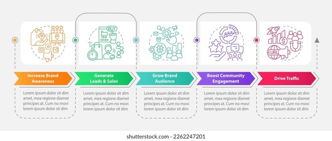 Social media advertising goals rectangle infographic template. Data visualization with 5 steps. Editable timeline info chart. Workflow layout with line icons. Myriad Pro-Bold, Regular fonts used