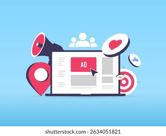 Social media advertising illustration with digital marketing campaigns, PPC online marketing and social media advertising strategies. Online ads and digital marketing business vector illustration