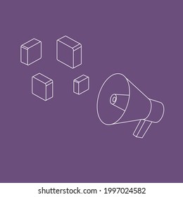 Social media advertising illustration. SMM loudspeaker. In isometric monoline view.