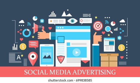 Social media, advertising, marketing, optimization, digital media, strategy banner illustration with icons isolated on dark background