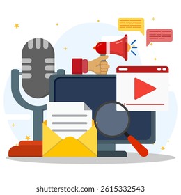 Social media advertising and promotional campaigns. Advertising content in social network. Digital content marketing concept. 