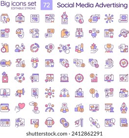 Social media advertising RGB color icons set. Digital marketing technology. Online business promotion. Isolated vector illustrations. Simple filled line drawings collection. Editable stroke