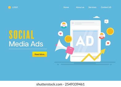 Social media advertising, Running social media ads for more traffic, conversion and sales - vector illustration background with icons