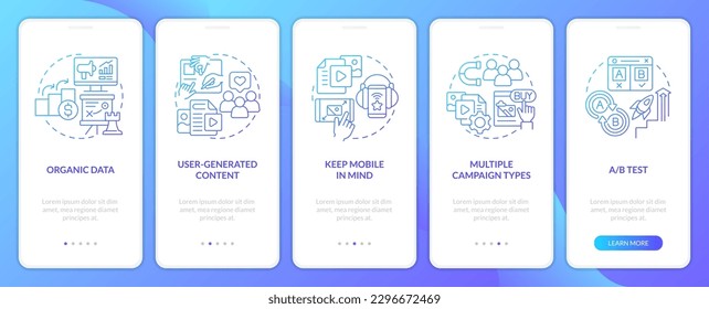 Social media advertising tips blue gradient onboarding mobile app screen. SMM walkthrough 5 steps graphic instructions with linear concepts. UI, UX, GUI template. Myriad Pro-Bold, Regular fonts used