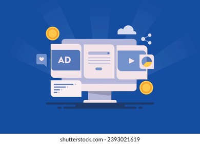 Social media advertising, Social media video ads, carousel ads, Advertising analytics report, Traffic, engagement, demographic analysis - vector illustration with icons