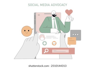 Social Media Advocacy concept. Illustration of a man sharing love on digital platforms, engaging in online community interaction. Vector illustration.