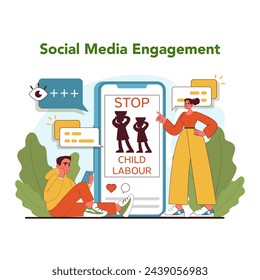 Social media against child labor. Social media role in advocating against child labor with strong call to action message. Fight for kids rights and freedom. Flat vector illustration
