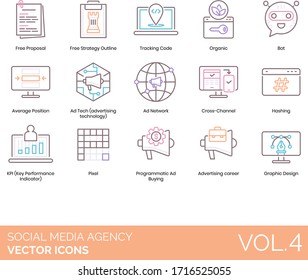 Social Media Agency Icons Including Free Proposal, Strategy Outline, Tracking Code, Organic, Bot, Average Position, Ad Tech, Network, Cross Channel, Hashing, KPI, Pixel, Programmatic Buying, Career.