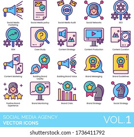 Iconos de agencias de medios sociales incluyendo marketing, política, auditoría, red, SEO, SEM, caso de estudio, estrategia de contenido, producción, curación, construcción de lealtad de marca, experiencia positiva, monitoreo, crisis.