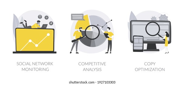 Social media analysis abstract concept vector illustration set. Social network monitoring, competitive analysis, copy optimization, brand reputation, engagement, boost traffic abstract metaphor.