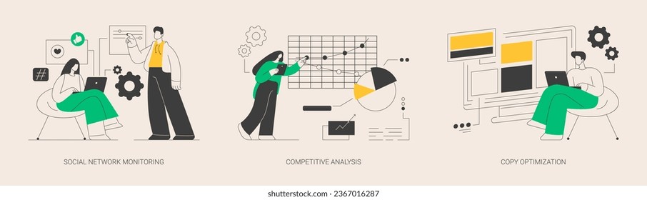 Social media analysis abstract concept vector illustration set. Social network monitoring, competitive analysis, copy optimization, brand reputation, engagement, boost traffic abstract metaphor.