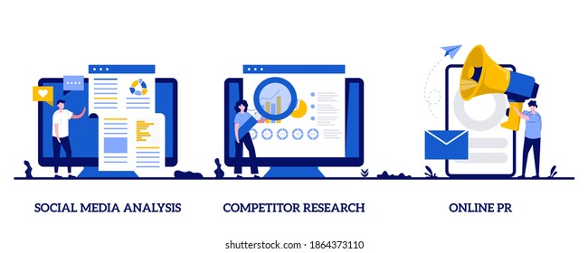 Social media analysis, competitor research, online PR concept with character. Product advertising strategy development abstract vector illustration set. SMM analytics, audience segmentation metaphor.