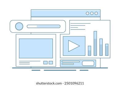 Social media analysis concept, Monitoring content performance on social media, Advertising campaign analysis report with graphs and charts, flat vector illustration on background.