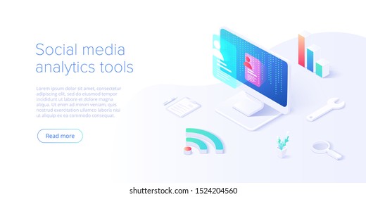 Social media analysis concept in vector illustration. User or follower activity and network statistics. Creative website layout or landing page template. Web banner concept.