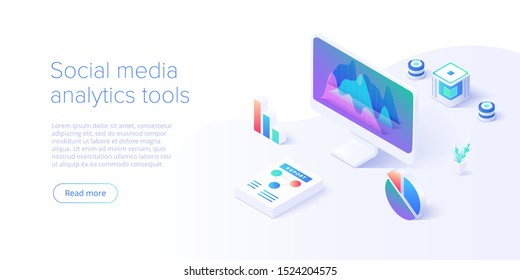 Social media analysis concept in vector illustration. User or follower activity and network statistics. Creative website layout or landing page template. Web banner concept.