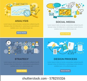 Social Media Analysis And Design Progress Strategy Vector Web Poster. Magnifying Glass On Paper With Diagram, Laptop And Users Signs Around, Strategy Plan And Process Of Creating New Elements
