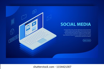 Social media analysis, social networking, report, campaign flat 3d isometric vector on blue background