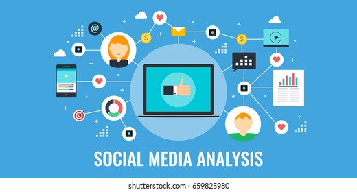Social Media Analysis, Social Networking, Report, Campaign Flat Vector Banner With Icons Isolated On Blue Background