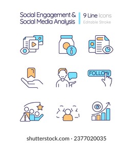 Social media analysis RGB color icons set. Audience engagement. Users interaction. Isolated vector illustrations. Simple filled line drawings collection. Editable stroke. Quicksand-Light font used